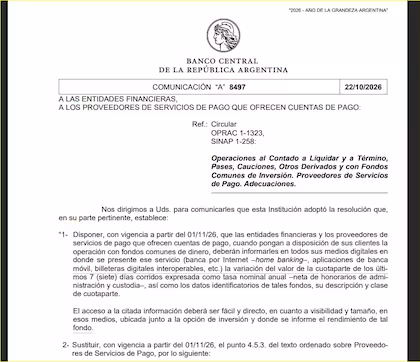 BCRA obliga a bancos y billeteras a estandarizar la tasa de rendimiento de fondos de dinero a 7 días